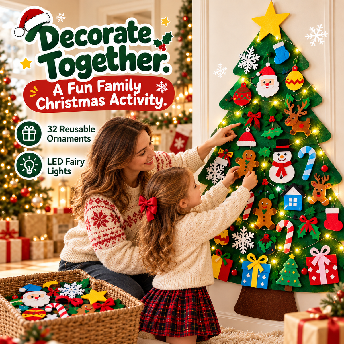 Kids' DIY Felt Christmas Tree – 32 Reusable Ornaments & LED Lights