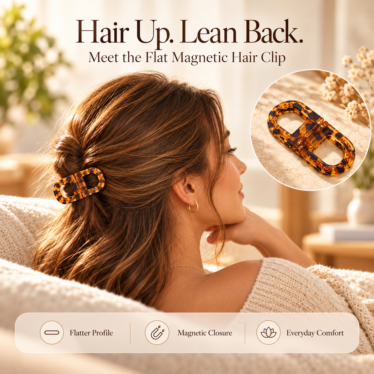 Flat Magnetic Hair Clip-Keep Your Hair Up. Lean Back Comfortably.