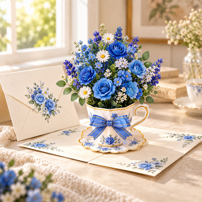3D Pop-Up Teacup Flower Greeting Card Set