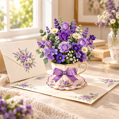 3D Pop-Up Teacup Flower Greeting Card Set