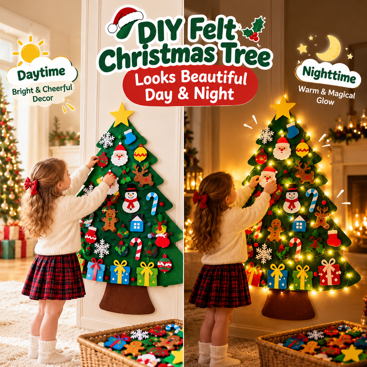 Kids' DIY Felt Christmas Tree – 32 Reusable Ornaments & LED Lights