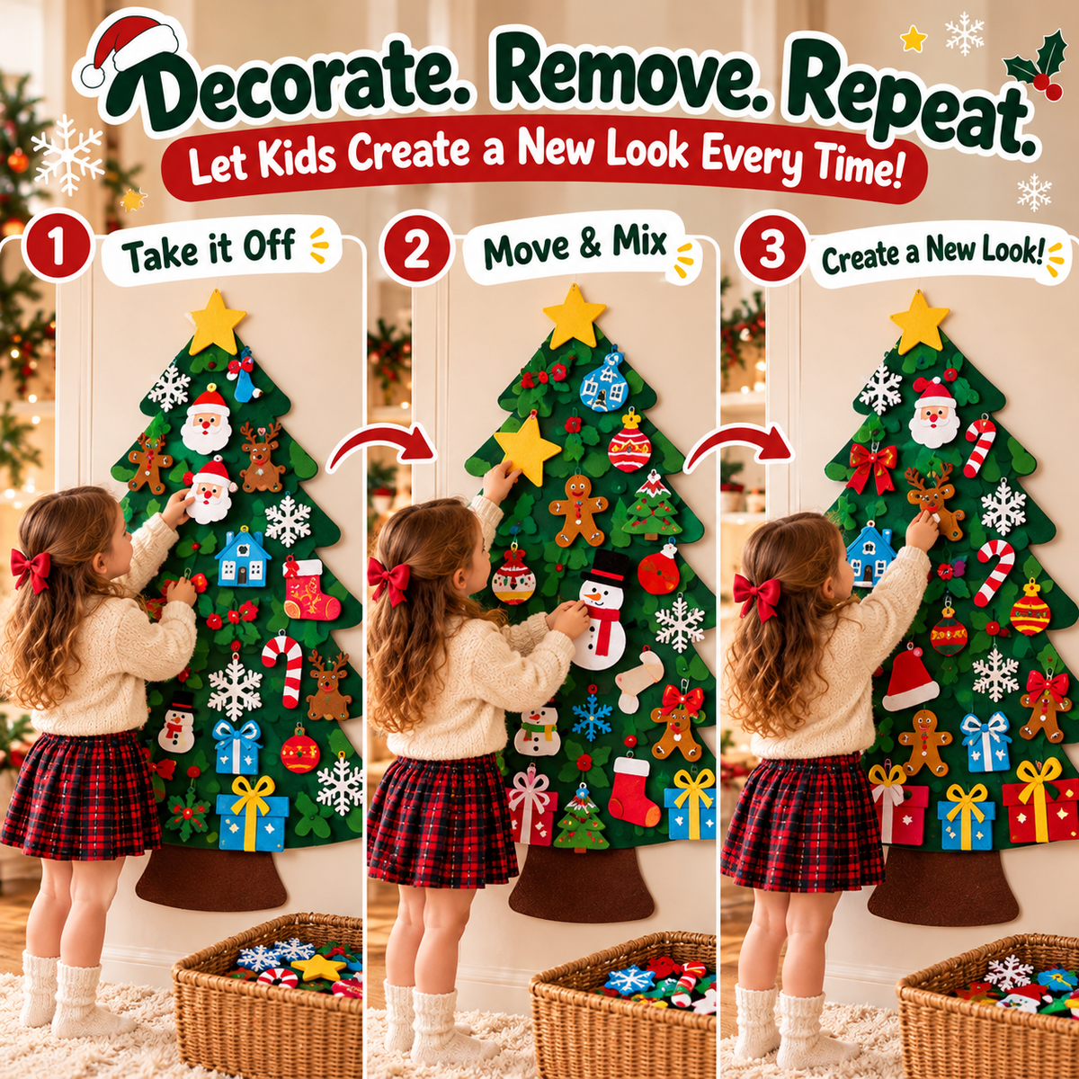 Kids' DIY Felt Christmas Tree – 32 Reusable Ornaments & LED Lights