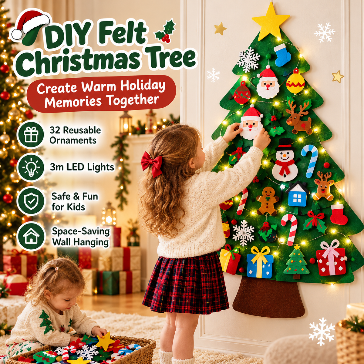 Kids' DIY Felt Christmas Tree – 32 Reusable Ornaments & LED Lights